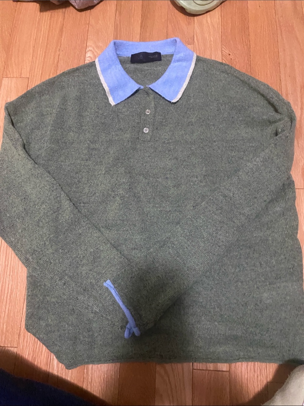 Zara Olive Knit Polo Sweater with Light Blue Trim